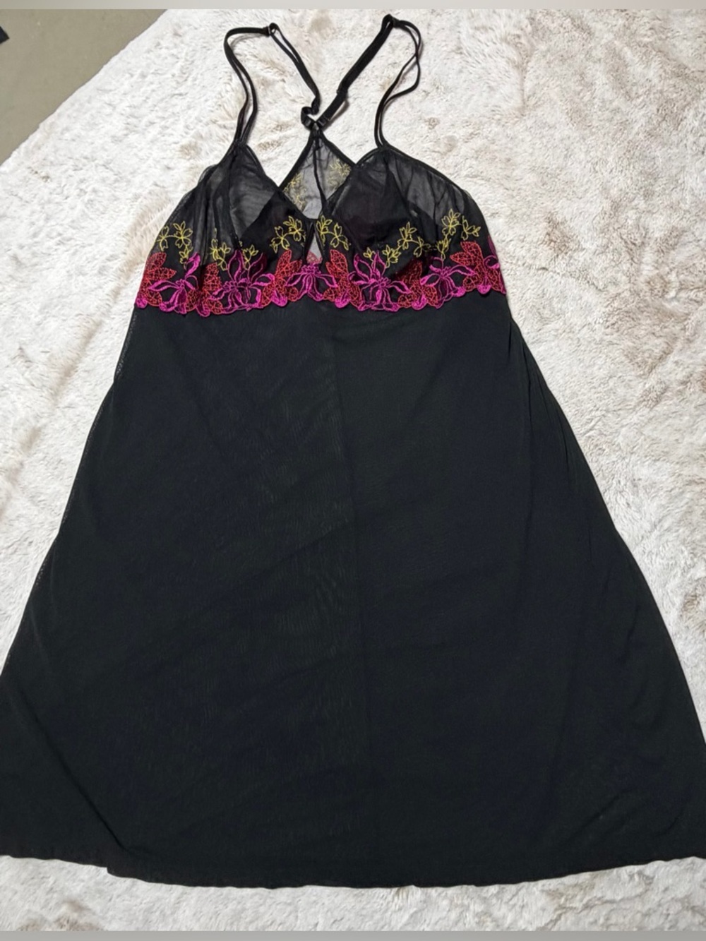 Cacique Black Mesh Slip Dress with Pink & Yellow Floral Embroidery 18/20